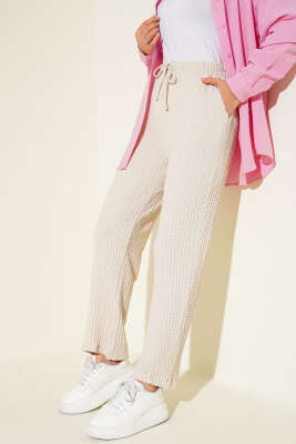 Beli Lastikli Gofre Pantolon Taş - Yılın Fırsatı