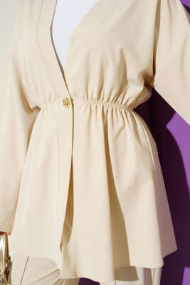 Beli Lastikli Gold Düğmeli İkili Takım Bej - İkili Takım