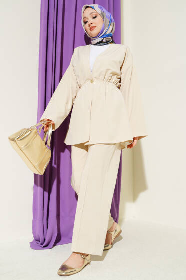 Beli Lastikli Gold Düğmeli İkili Takım Bej - İkili Takım