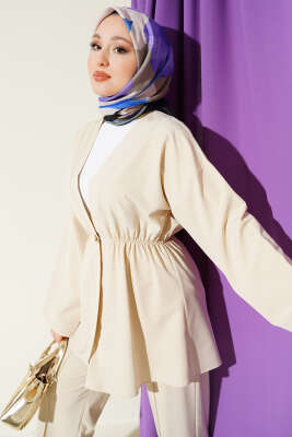 Beli Lastikli Gold Düğmeli İkili Takım Bej - İkili Takım