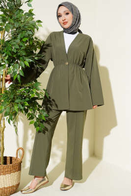 Beli Lastikli Gold Düğmeli İkili Takım Haki - TABLO FASHİON