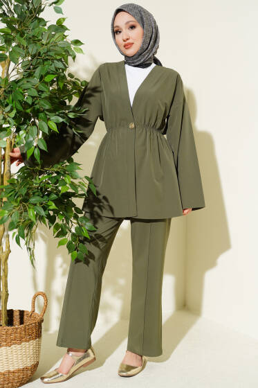 Beli Lastikli Gold Düğmeli İkili Takım Haki - İkili Takım