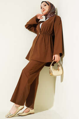 Beli Lastikli Gold Düğmeli İkili Takım Kahve - TABLO FASHİON