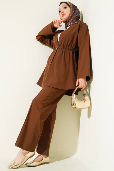 Beli Lastikli Gold Düğmeli İkili Takım Kahve - İkili Takım