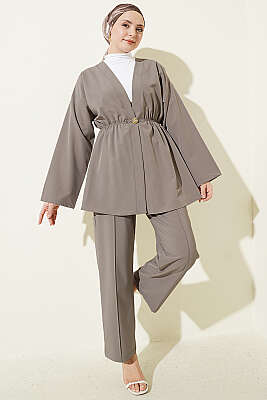 Beli Lastikli Gold Düğmeli İkili Takım Kayrak Grisi - İkili Takım