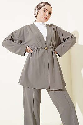 Beli Lastikli Gold Düğmeli İkili Takım Kayrak Grisi - İkili Takım