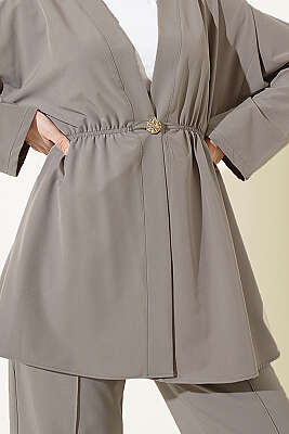 Beli Lastikli Gold Düğmeli İkili Takım Kayrak Grisi - İkili Takım