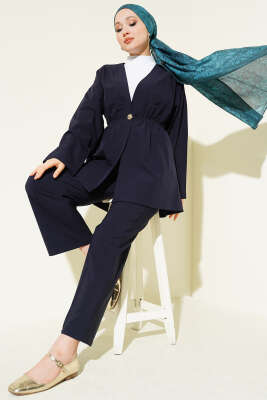 Beli Lastikli Gold Düğmeli İkili Takım Lacivert - TABLO FASHİON