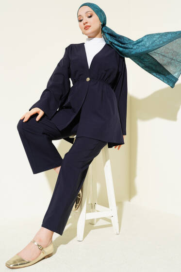 Beli Lastikli Gold Düğmeli İkili Takım Lacivert - İkili Takım