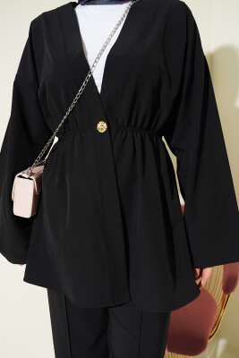 Beli Lastikli Gold Düğmeli İkili Takım Siyah - İkili Takım