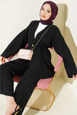 Beli Lastikli Gold Düğmeli İkili Takım Siyah - TABLO FASHİON