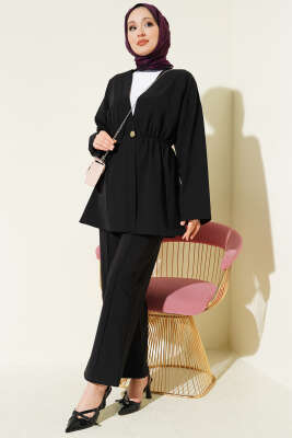 Beli Lastikli Gold Düğmeli İkili Takım Siyah - İkili Takım