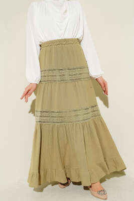 Beli Lastikli Güpür Şeritli Müslin Etek Çağla Yeşili - NESSİA