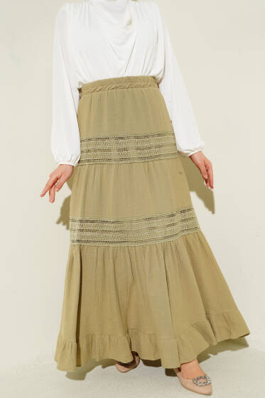 Beli Lastikli Güpür Şeritli Müslin Etek Çağla Yeşili - Etek