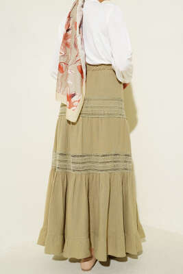 Beli Lastikli Güpür Şeritli Müslin Etek Çağla Yeşili - Etek