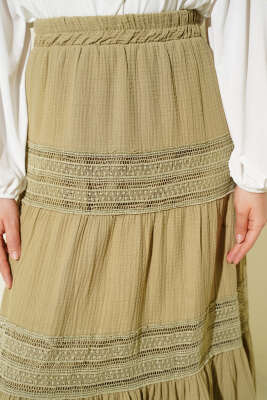 Beli Lastikli Güpür Şeritli Müslin Etek Çağla Yeşili - Etek