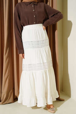 Beli Lastikli Güpür Şeritli Müslin Etek Ekru - NESSİA