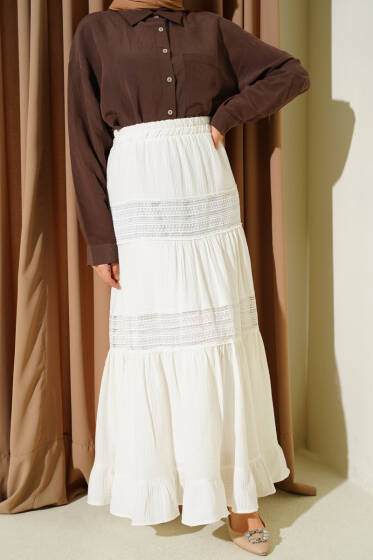 Beli Lastikli Güpür Şeritli Müslin Etek Ekru - Etek