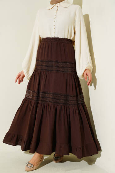 Beli Lastikli Güpür Şeritli Müslin Etek Kahve - Etek