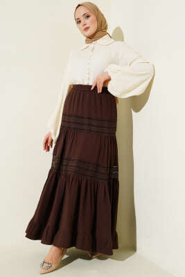 Beli Lastikli Güpür Şeritli Müslin Etek Kahve - Etek