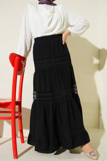Beli Lastikli Güpür Şeritli Müslin Etek Siyah - Etek