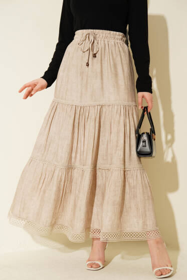 Beli Lastikli Güpürlü Katlı Etek Bej - Etek