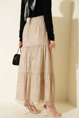 Beli Lastikli Güpürlü Katlı Etek Bej - Etek