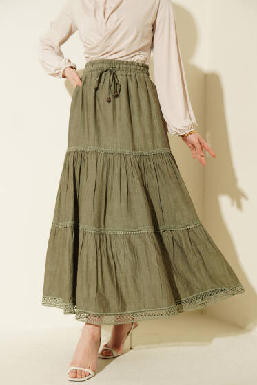 Beli Lastikli Güpürlü Katlı Etek Çağla Yeşili - Etek