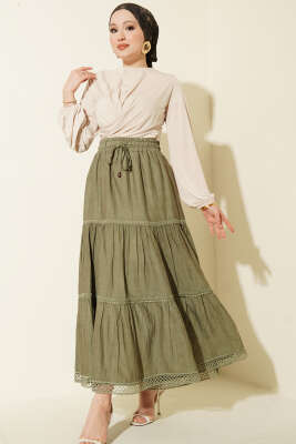 Beli Lastikli Güpürlü Katlı Etek Çağla Yeşili - Etek