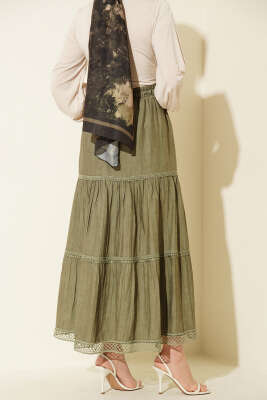 Beli Lastikli Güpürlü Katlı Etek Çağla Yeşili - Etek
