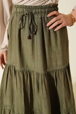 Beli Lastikli Güpürlü Katlı Etek Çağla Yeşili - Etek