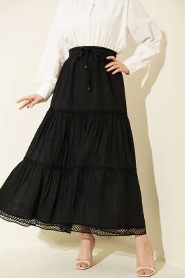 Beli Lastikli Güpürlü Katlı Etek Siyah - ALİ AKKAYA