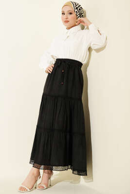 Beli Lastikli Güpürlü Katlı Etek Siyah - Etek