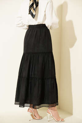 Beli Lastikli Güpürlü Katlı Etek Siyah - Etek