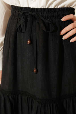 Beli Lastikli Güpürlü Katlı Etek Siyah - Etek