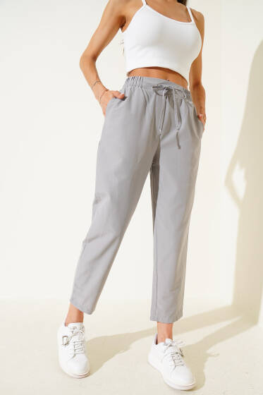 Beli Lastikli İp Bağcıklı Pantolon Gri - Kadın Giyim Modelleri