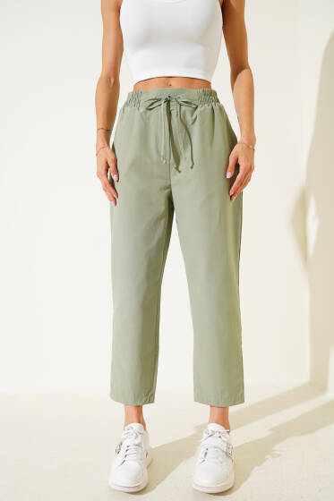 Beli Lastikli İp Bağcıklı Pantolon Haki - Kadın Giyim Modelleri