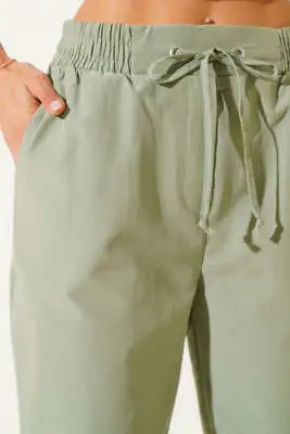 Beli Lastikli İp Bağcıklı Pantolon Haki - Kadın Giyim Modelleri