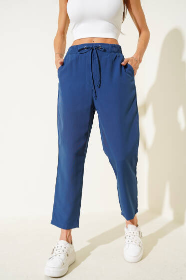 Beli Lastikli İp Bağcıklı Pantolon Indıgo - Kadın Giyim Modelleri