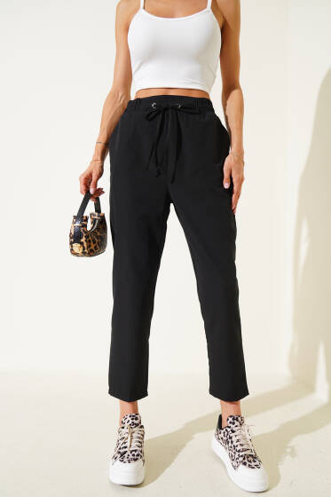 Beli Lastikli İp Bağcıklı Pantolon Siyah - Kadın Giyim Modelleri