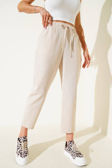 Beli Lastikli İp Bağcıklı Pantolon Taş - Kadın Giyim Modelleri
