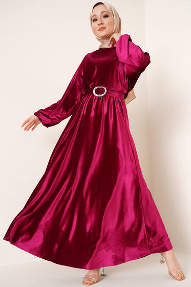 Beli Lastikli Kadife Elbise Mürdüm - Tesettür Elbise