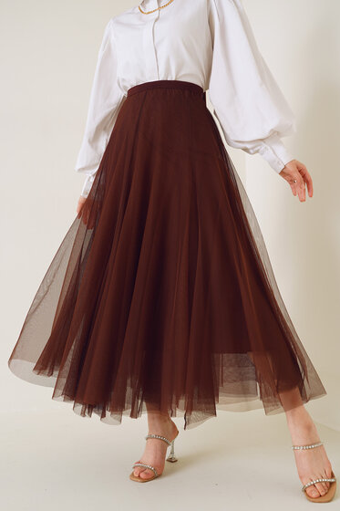 Beli Lastikli Kahve Tül Etek - Uzun Etek