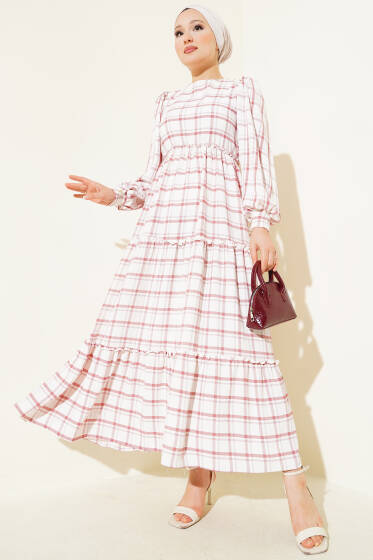 Beli Lastikli Kare Çizgili Elbise Gül Kurusu - Elbise