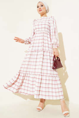 Beli Lastikli Kare Çizgili Elbise Gül Kurusu