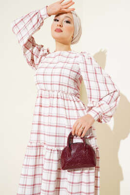 Beli Lastikli Kare Çizgili Elbise Gül Kurusu - Tesettür Elbise