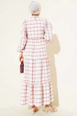 Beli Lastikli Kare Çizgili Elbise Gül Kurusu - Tesettür Elbise