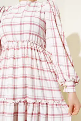 Beli Lastikli Kare Çizgili Elbise Gül Kurusu - Tesettür Elbise