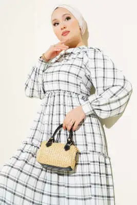 Beli Lastikli Kare Çizgili Elbise Siyah 