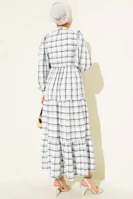 Beli Lastikli Kare Çizgili Elbise Siyah - Tesettür Elbise